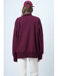 Women's burgundy stitch detailed oversize design sweatshirt - 6