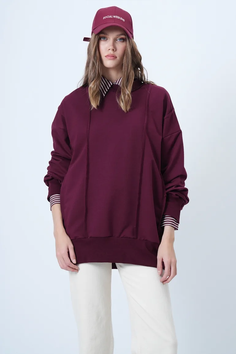 Women's burgundy stitch detailed oversize design sweatshirt - 5