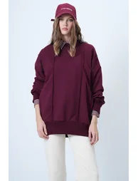 Women's burgundy stitch detailed oversize design sweatshirt - 5