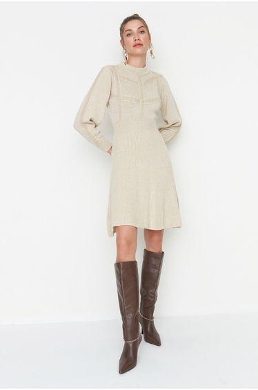 Beige A-Line Mini Dress with Long Sleeve