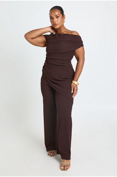 Plus Textured Cowl Neck Asym Hem Top & Wide Leg Trouser Co Ord - chocolate