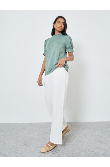 Green Textured Eyelet Puff Sleeve Top