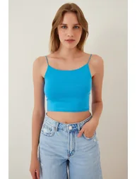 Women's Blue Knitted Bustier with Thread Straps - 2