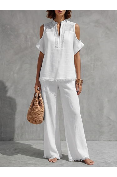 Fringed Cold Shoulder Half-Zip Solid Color Short Sleeve Blouses&Shirts Tops + Pants Bottoms Trousers Two Pieces Set
