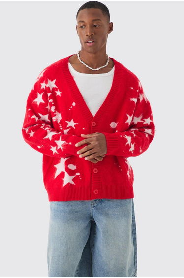 Oversized Boxy Star Brushed Knitted Cardigan - red