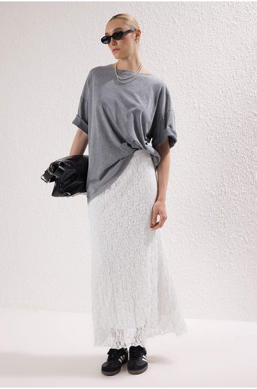 Ecru Skater Lace Midi Stretchy Knitted Skirt