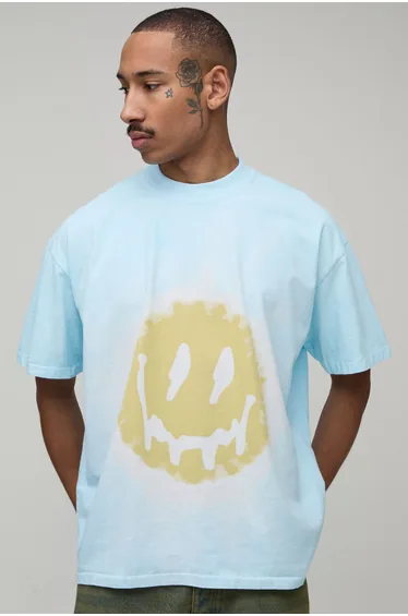 Oversized Tie Dye Smiley Face Print T-Shirt - blue