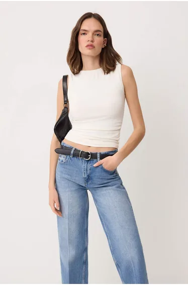 Ecru Fitted/Bodycon Boat Neck Sleeveless Soft Knitted Blouse