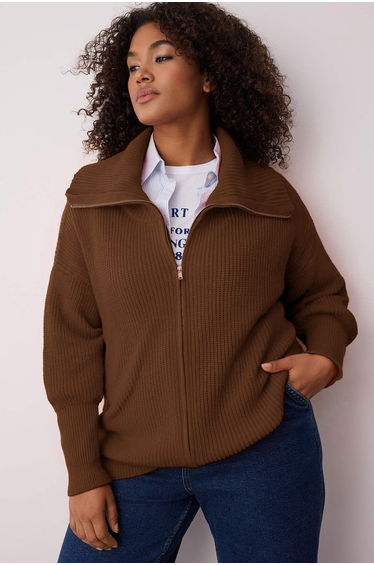 Brown turn-down collar zippered knit cardigan