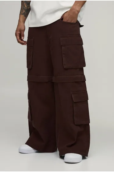 Baggy Fit Sun Bleached Zip Off Cargo Trousers - dark chocolate