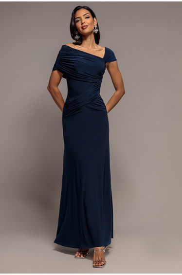 Asymmetric Neck Gathered Waist Maxi Dress - Navy Blue by Goddiva
