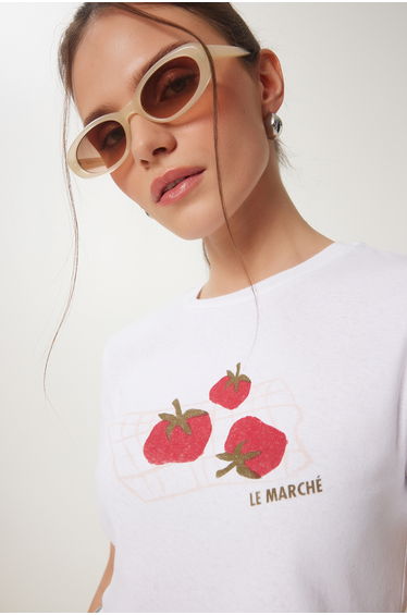 Women's White Printed Crop Knit T-Shirt