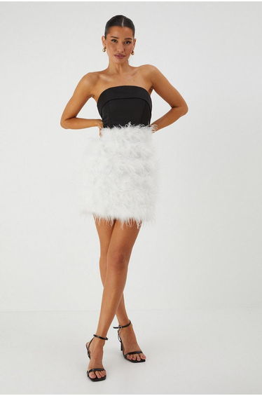 Bandeau Satin Feather Mini Dress