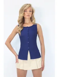 Women's Navy Blue Crew Neck Front Buttoned Ottoban Sleeveless Blouse