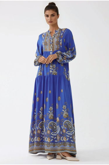 Blue Floral A-Line Maxi Smock Dress with Long Sleeve