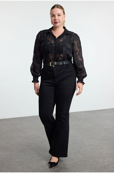 Black Floral Sleeveless Gipel Transparent Woven Plus Size Shirt