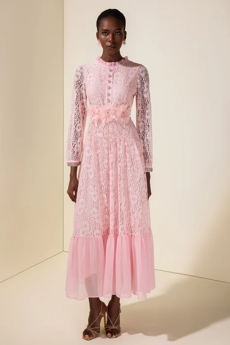 Lace 3D Flower Rhinestone Rivets Midi Dress