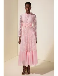 Lace 3D Flower Rhinestone Rivets Midi Dress