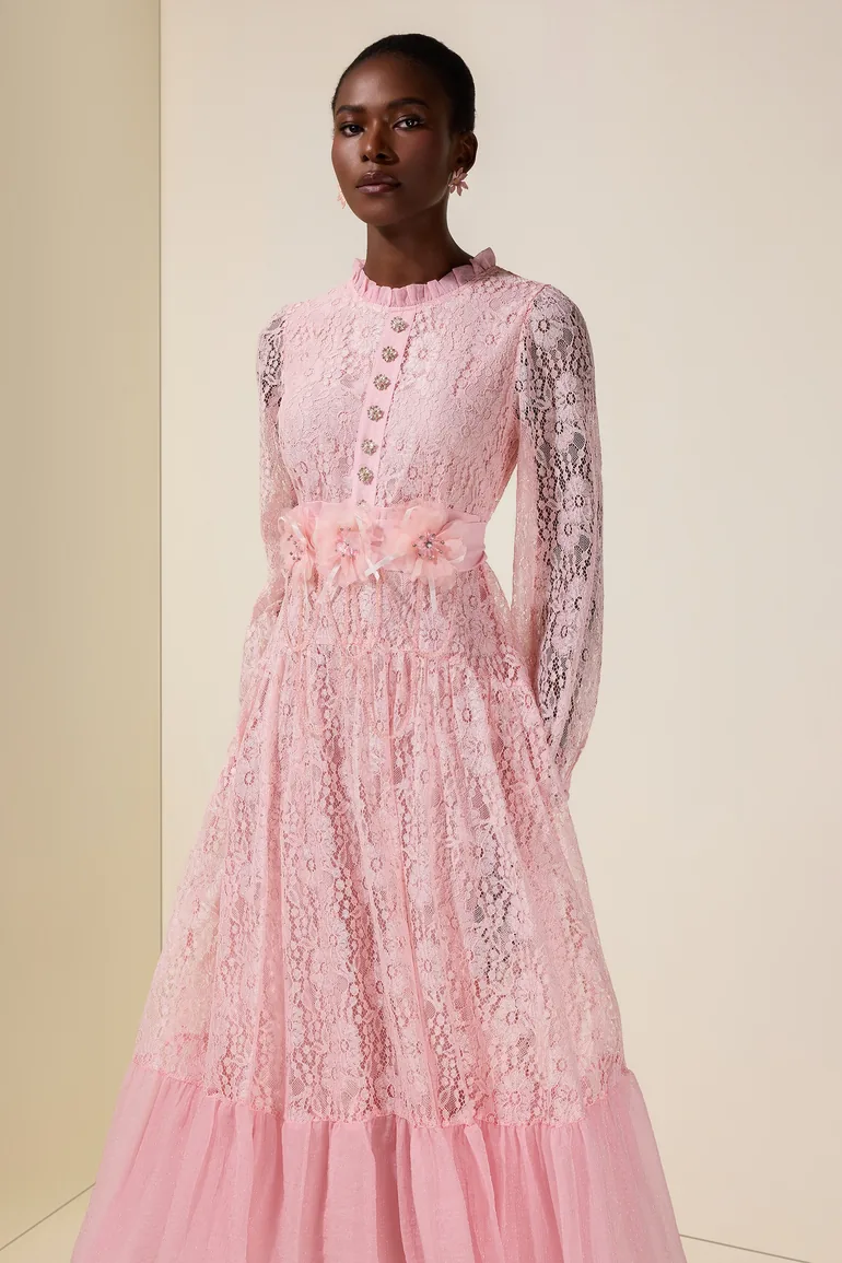 Lace 3D Flower Rhinestone Rivets Midi Dress - 3