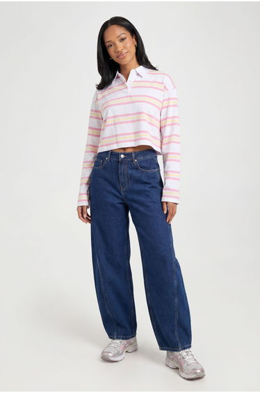 Stripe Cropped Long Sleeve Rugby Top - ecru