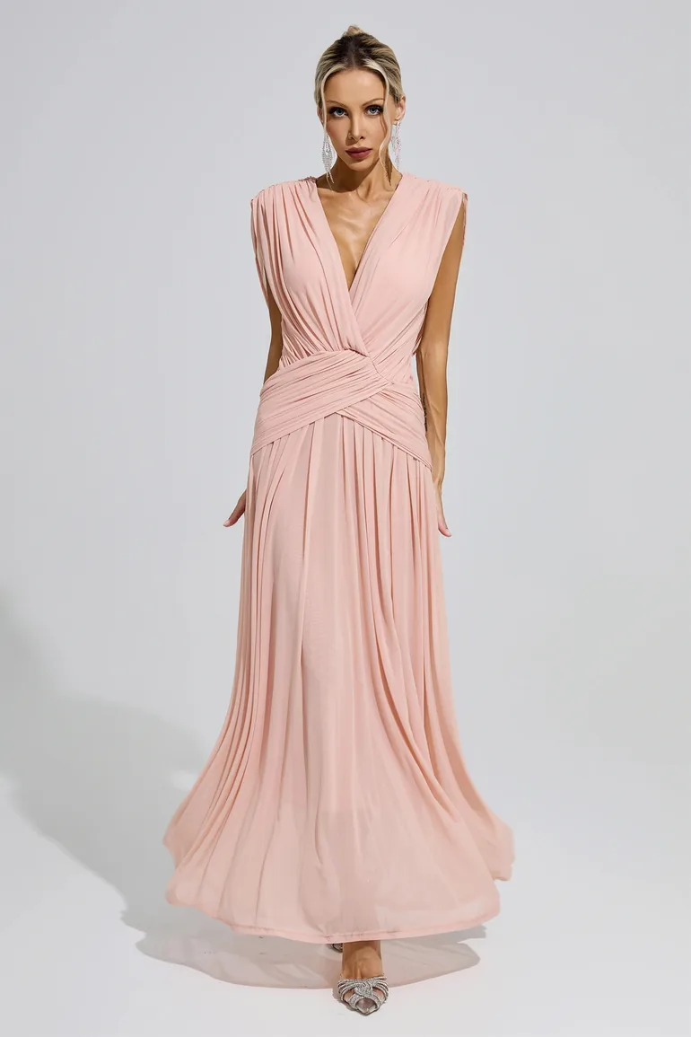 Pink Sleeveless Ruched Maxi Dress - 1