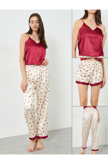 Pack of 3 - Satin Top, Heart Print Shorts and Pyjama Set