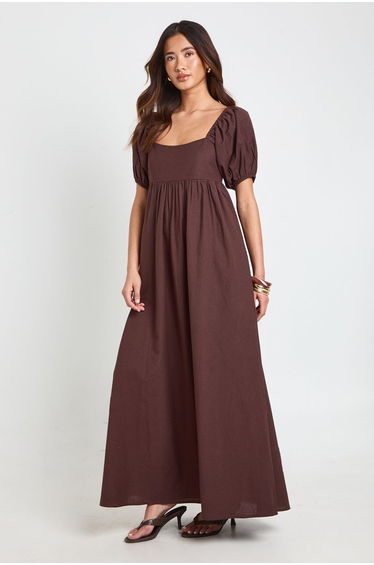 Linen Puff Sleeve Shirred Maxi Dress - chocolate