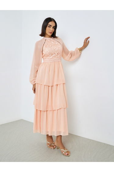 Peach Lace Tiered Maxi Dress