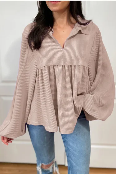 Lvness Parchment Corded Turn-down V Neck Bubble Sleeve Babydoll Blouse