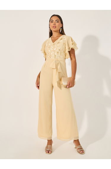 Embroidered Layered Ruffled Sleeves Wide Leg Jumpsuit