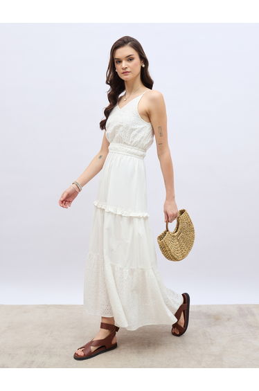 Schiffli Strappy Tiered Maxi Dress with Ruffle Trim