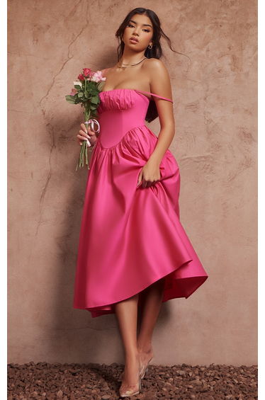 Hot Pink Ruched Bust Corset Strappy Dress
