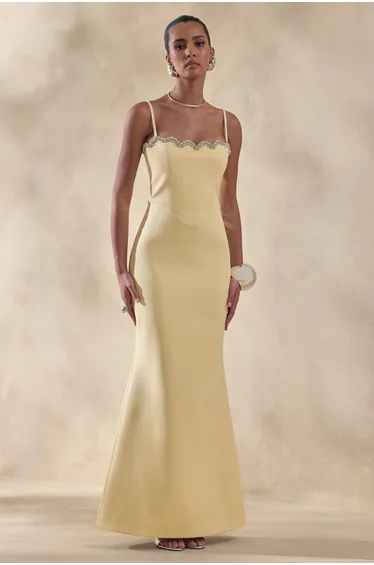 Story | Lemon Scalloped Sweetheart-Neck Maxi Dress With Embellished-Detailing