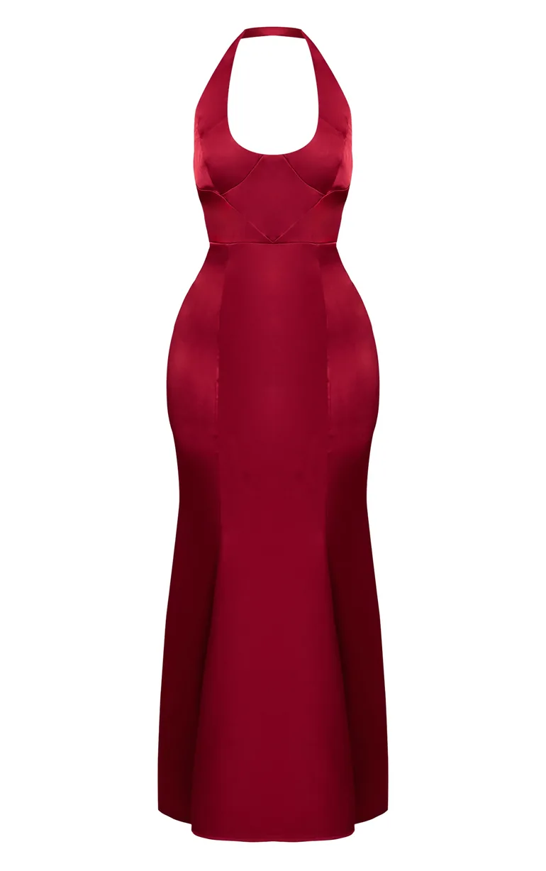 Petite Wine Seam Detail Halterneck Satin Maxi Dress - 4