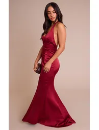 Petite Wine Seam Detail Halterneck Satin Maxi Dress - 2