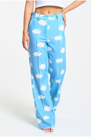 Blue Cloud Print Wide Leg Trousers