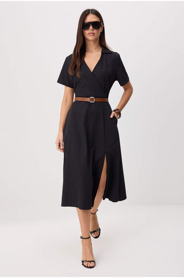 Black Belt Li Double-Breasted Collar Short / Mini Woven Dress
