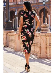 Black Floral Print Faux Wrap Midi Jersey Dress - 4