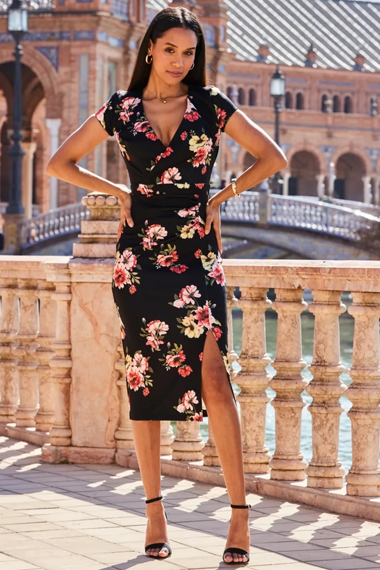 black floral jersey dress Black Floral Print Ruched Front Midi Jersey Dress