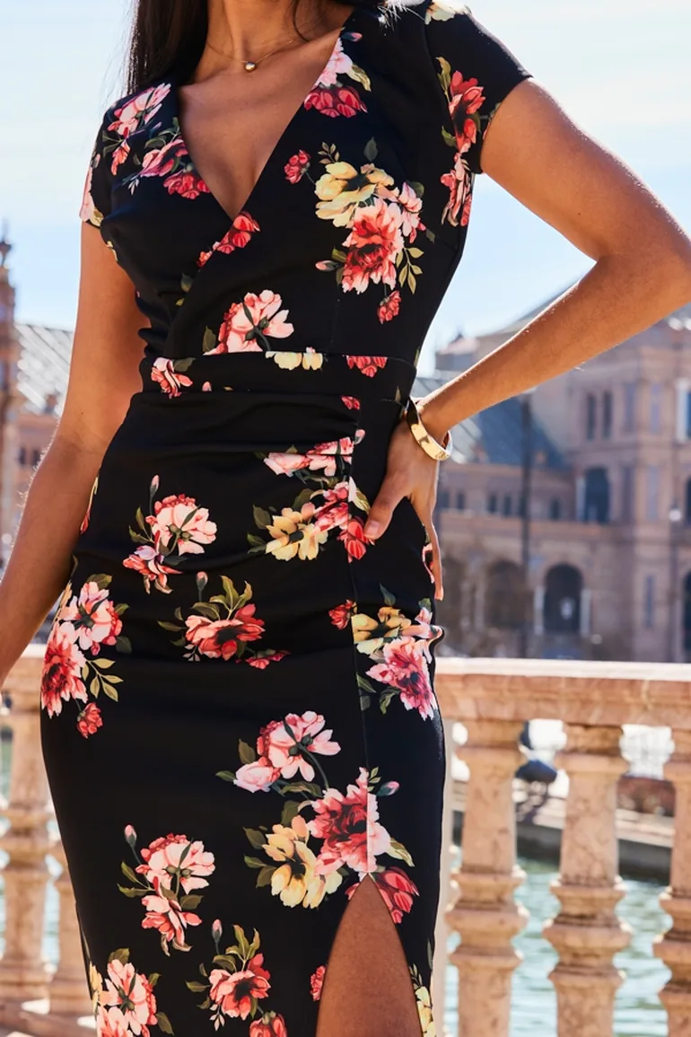 Black Floral Print Faux Wrap Midi Jersey Dress - 3