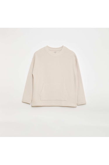 T-shirt with Ottoman Knit Kangaroo Pocket WHITE