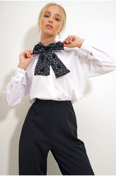 Women's White Removable Ribbon Accessory Oversize Woven Shirt