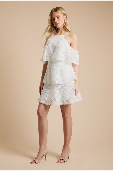 Halter Tiered Mini Dress With Cold Shoulder