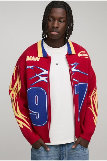 Oversized Boxy Moto Varsity Knitted Harrington Jacket - red
