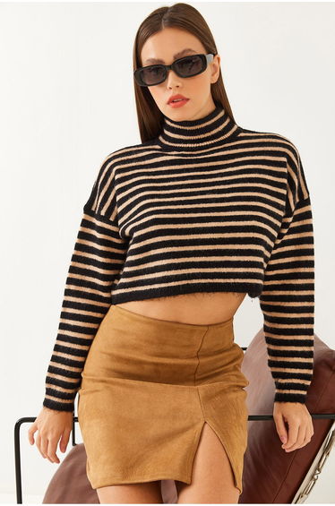 Women's Striped Half Turtleneck Crop Knitwear Sweater