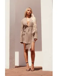 PLT Label Taupe Linen Look Cinched Waist Blazer Dress