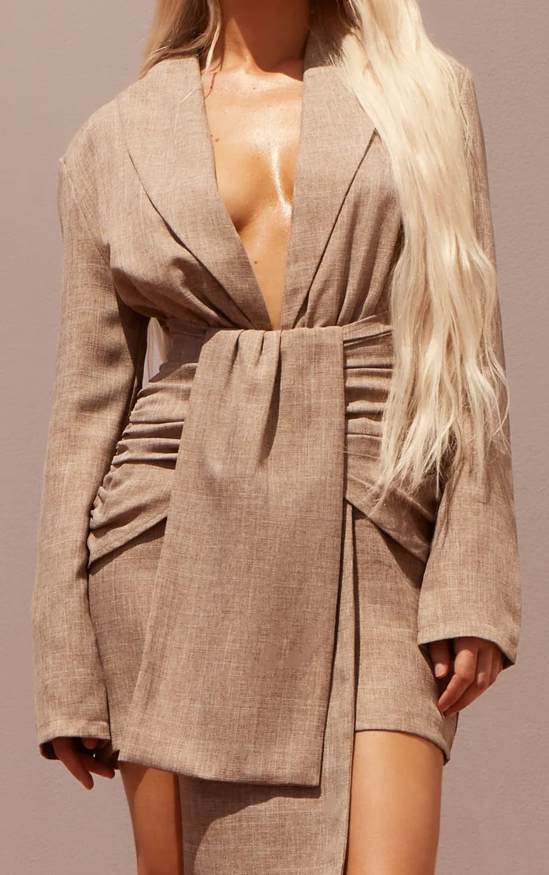 PLT Label Taupe Linen Look Cinched Waist Blazer Dress - 3