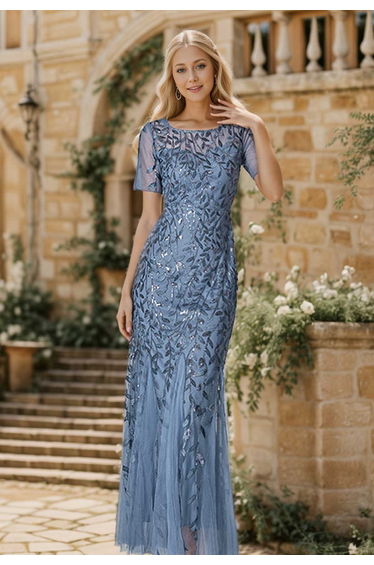 Leaves Branch Sequined Mesh Panelled Gown in Blue