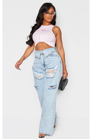 Shape Light Blue Acid Wash Denim Foldover Waist Ripped Wide Leg Jeans