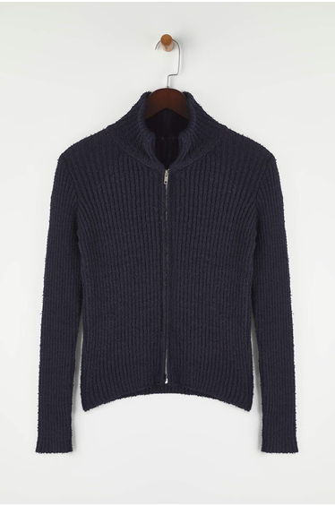 Wardrobe Essentials Navy Blue Zippered Stand Collar Soft Textured Cotton Knit Cardigan